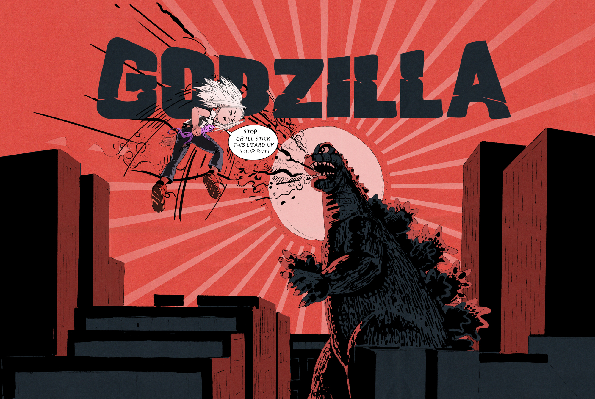 Agnes is five and she is fighting Godzilla in Fore St