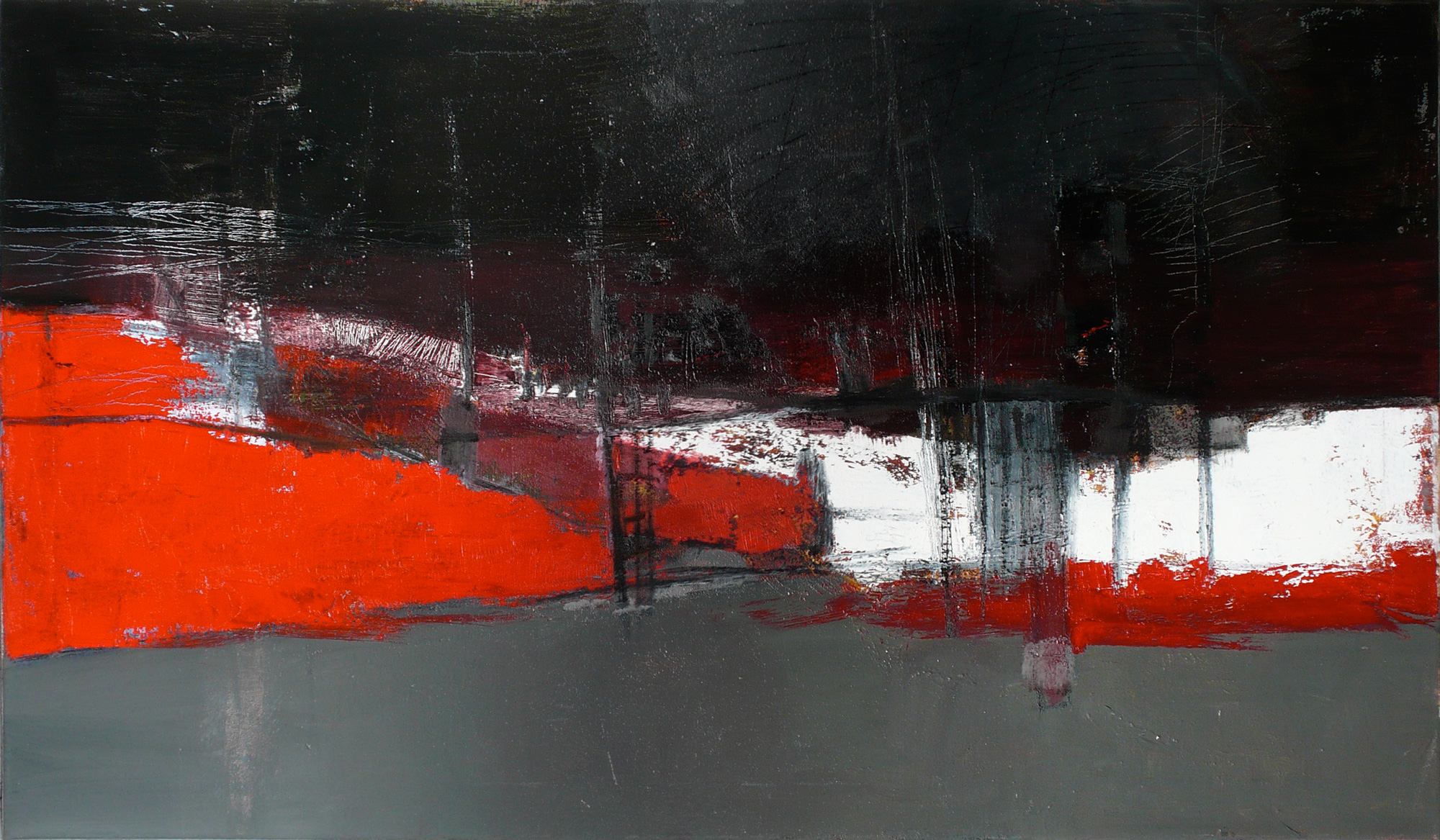 Black sky, white glacier and gray lake