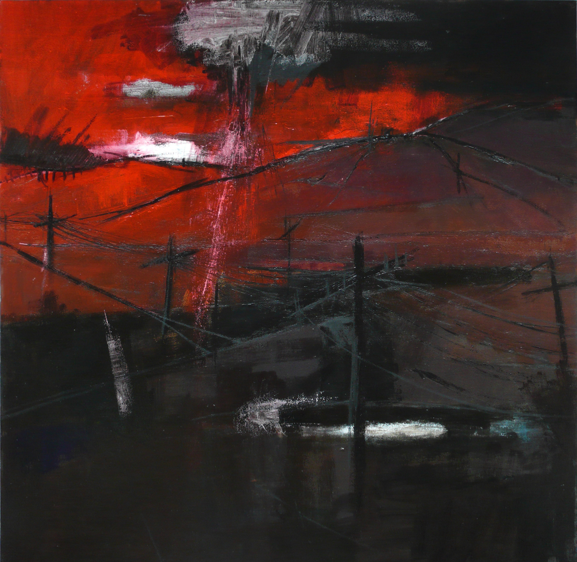 Red sky and electricity pylons