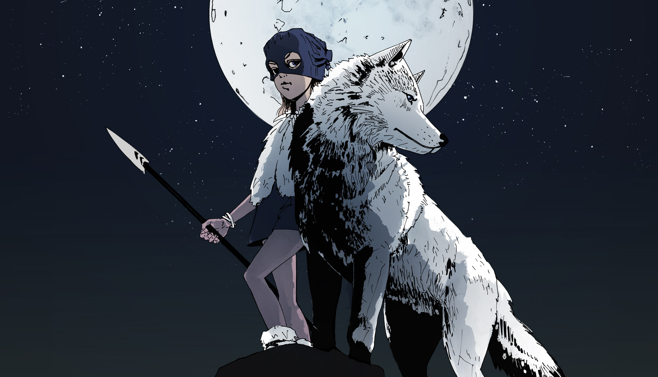 Agnes standing holding a spear with white wolf. Clear night sky with large moon