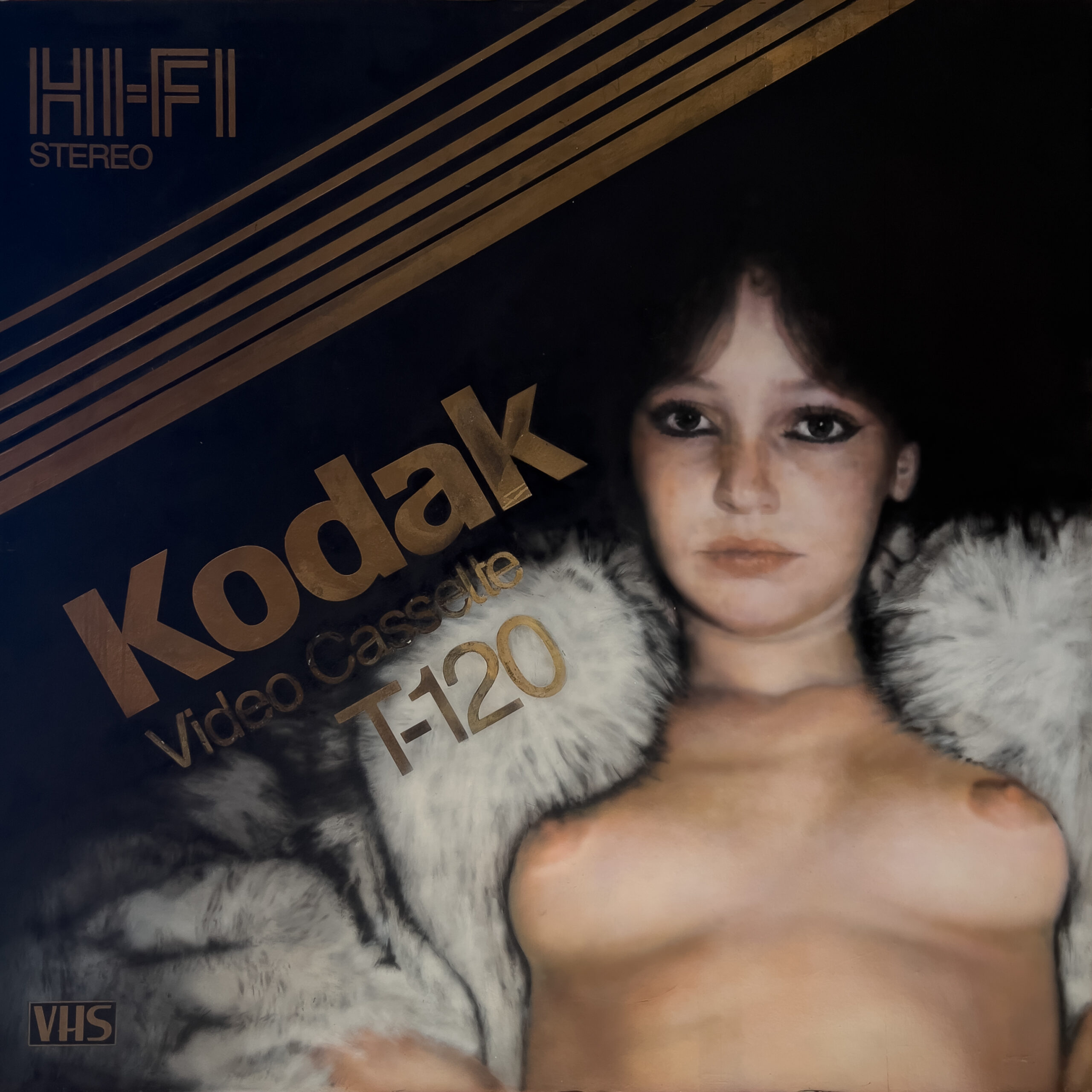 Painting of a woman against a dark background, overlaid with gold Kodak T-120 VHS cassette graphics and diagonal Hi-Fi Stereo stripes.