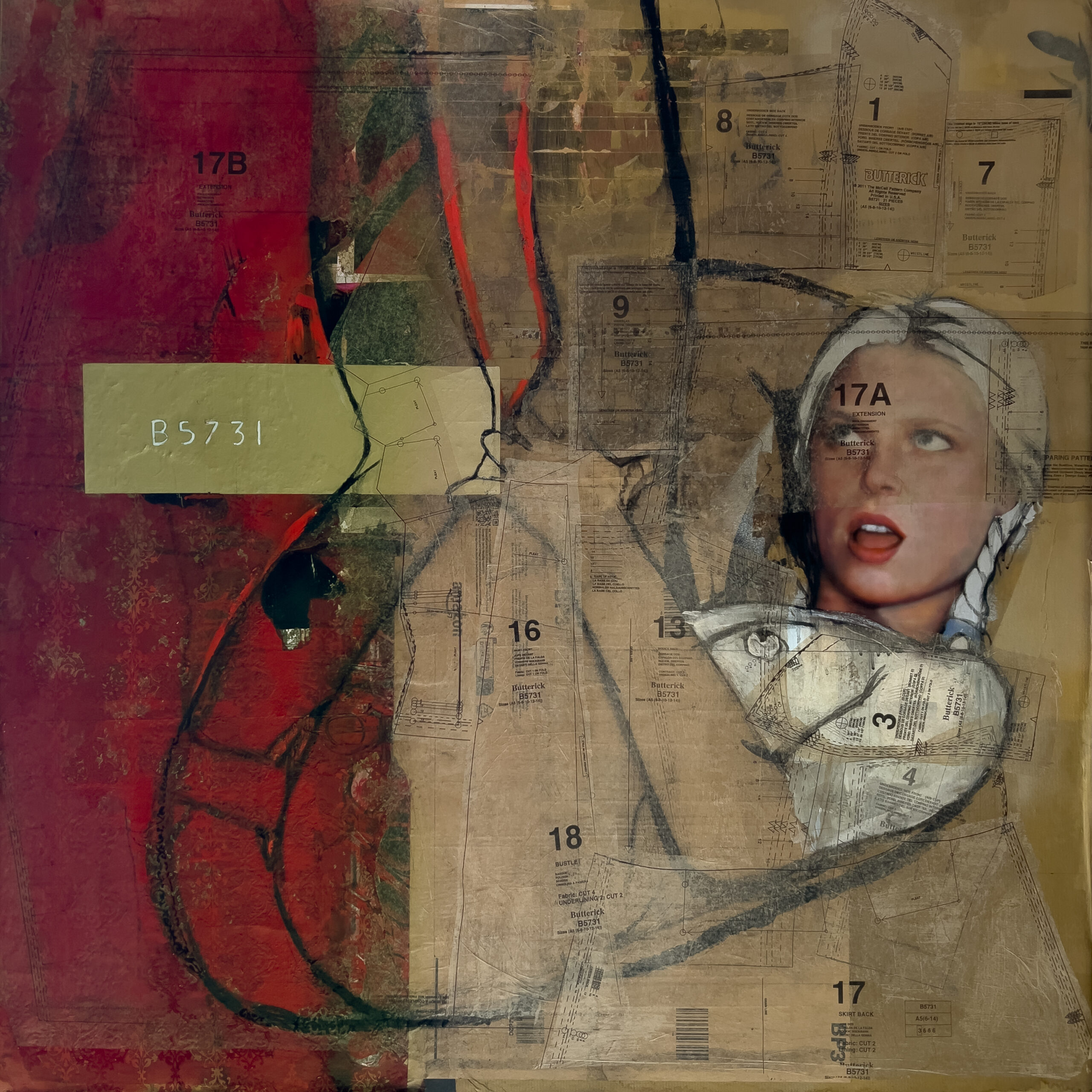 Mixed-media painting combining layered Butterick sewing patterns, drawing and paint, with a partially obscured female figure against deep red and muted ochre.