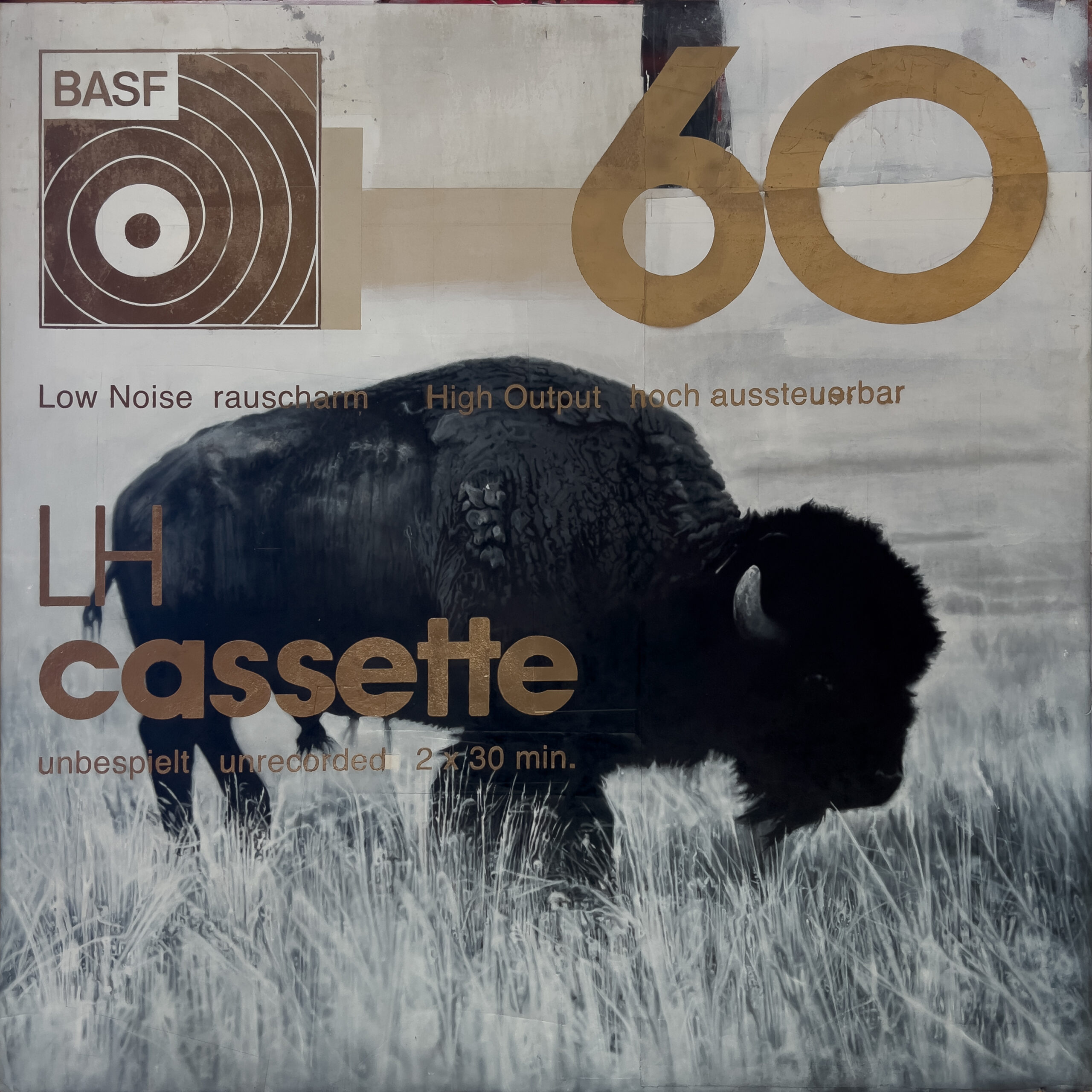 A bison is shown against layered BASF cassette graphics, with large lettering and geometric shapes crossing the image.graphics.