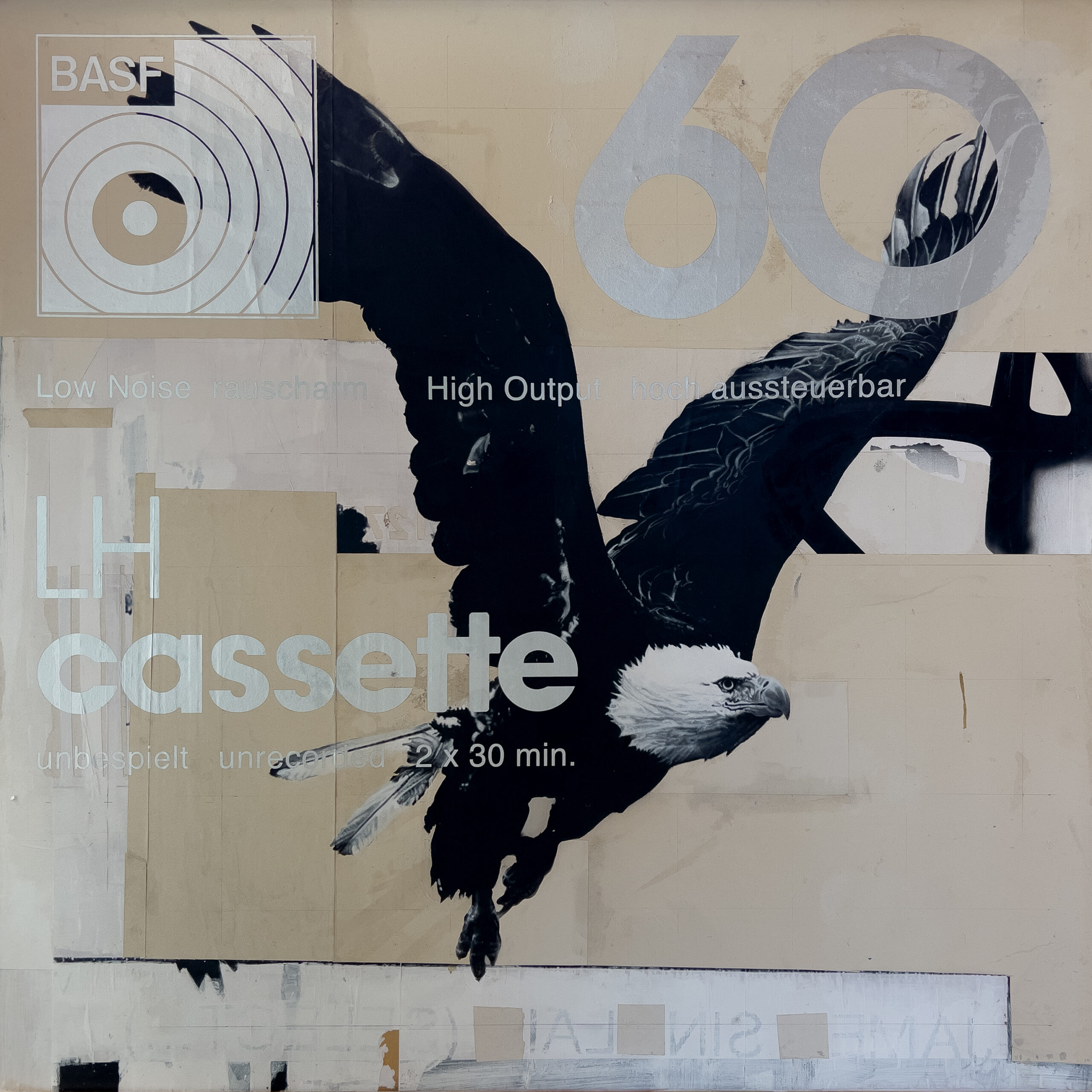 Large mixed-media painting of a black-and-white eagle in flight layered with oversized BASF 60 cassette graphics, typography and geometric forms on a muted cream ground.