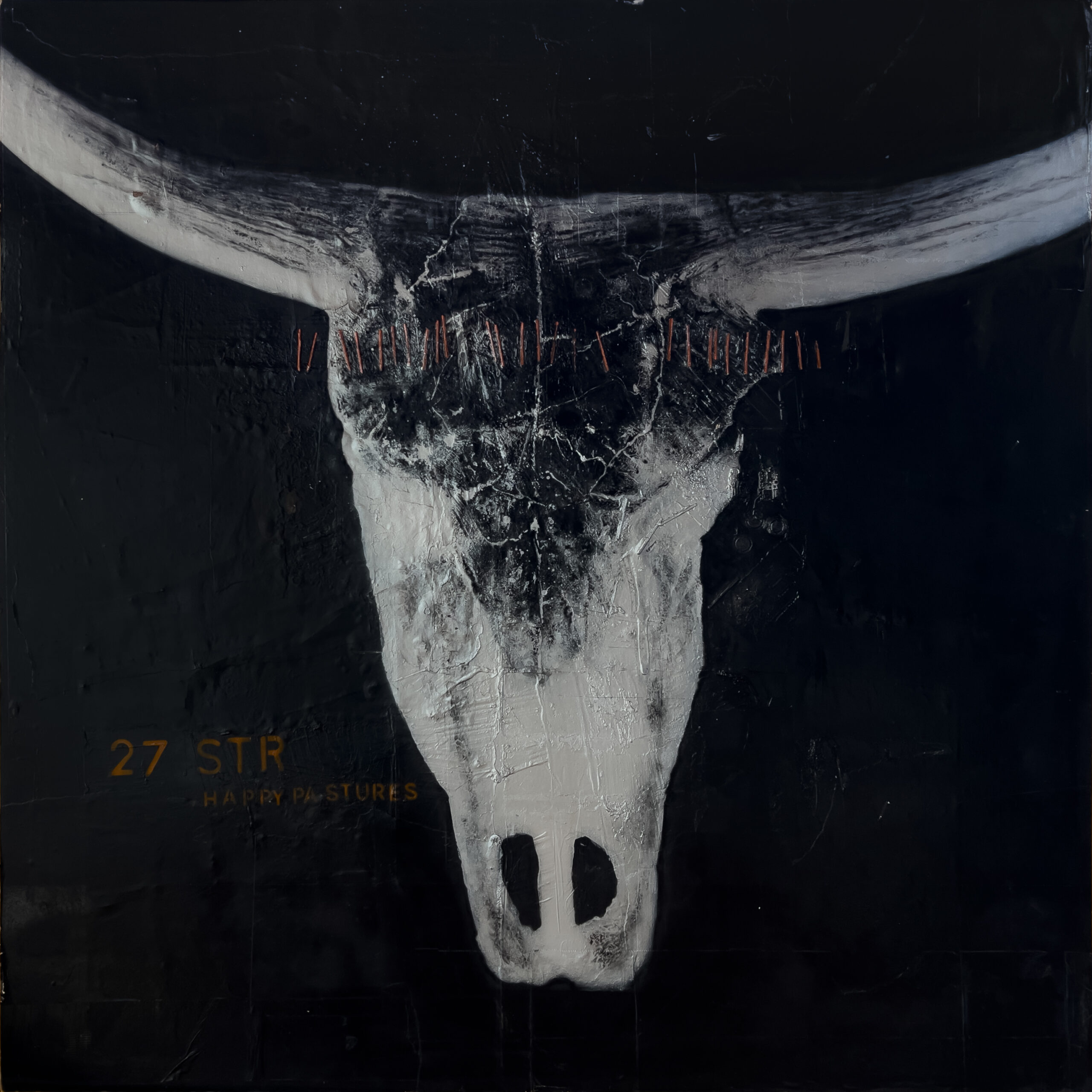 Dark mixed-media painting of a bleached cattle skull emerging from a near-black background, with small rust-coloured markings and faded lettering.
