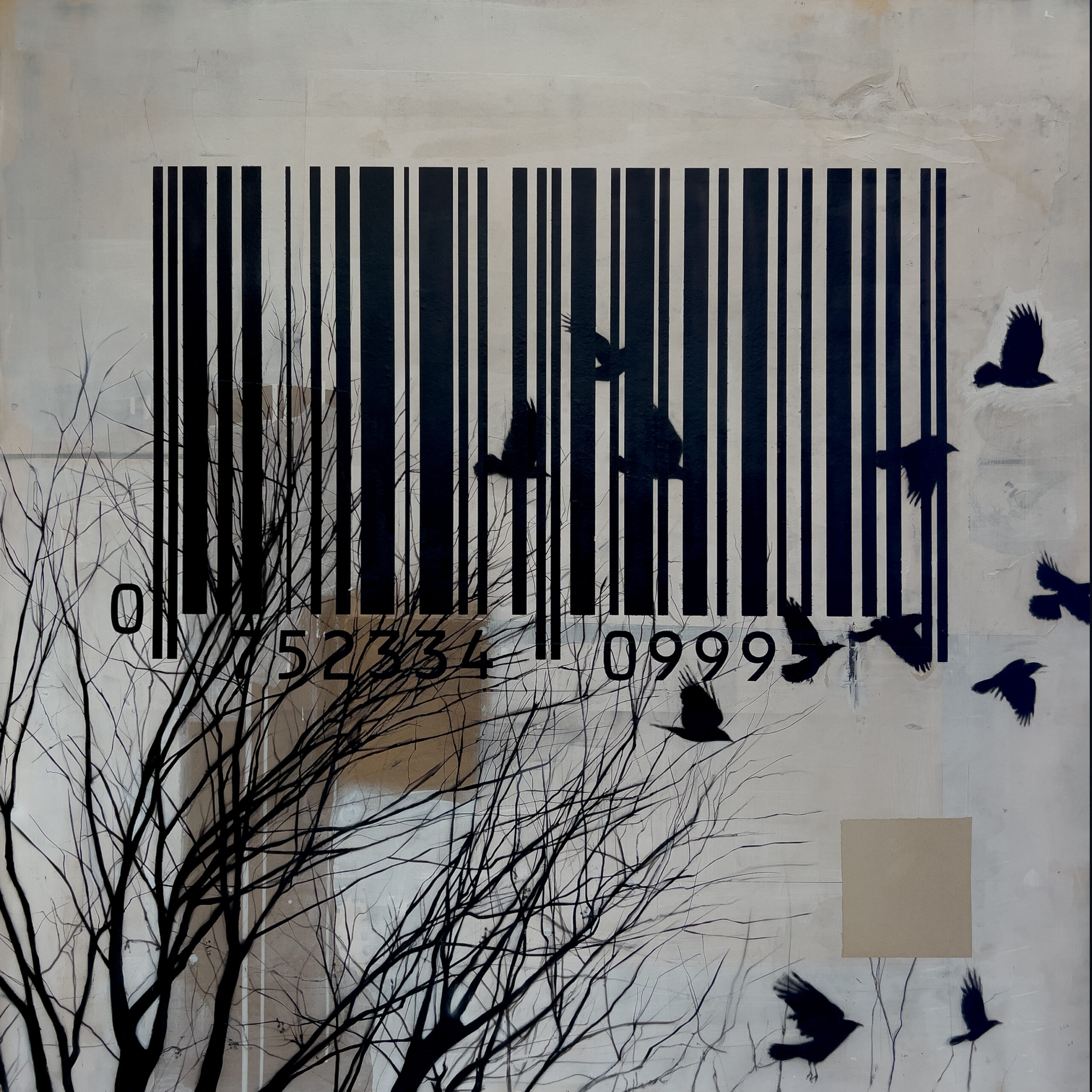 Large black barcode over a pale ground with bare tree branches and silhouetted birds in flight.